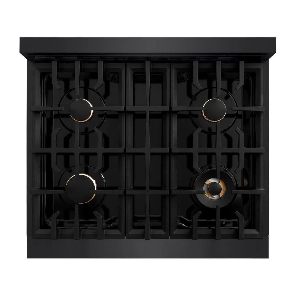 ZLINE Autograph Edition 30 in. 4.2 cu. ft. Classic Gas Range with 4 Burner Cooktop and Convection Gas Oven in Black Stainless Steel and Champagne Bronze Accents (CGRBZ-30-CB)