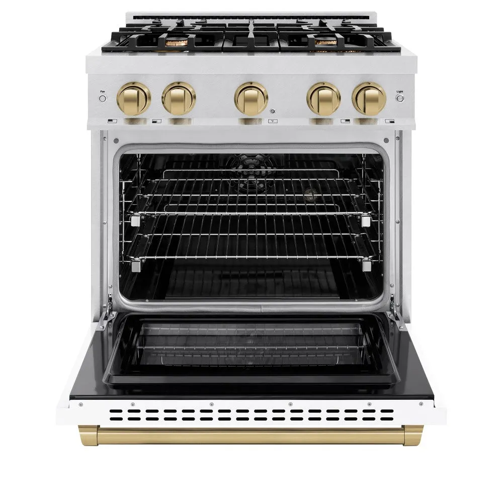 ZLINE Autograph Edition 30 in. 4.2 cu. ft. Select Dual Fuel Range with 4 Burner Gas Cooktop and Electric Convection Oven in DuraSnow® Stainless Steel with White Matte Door and Champagne Bronze Accents (HDRSZ-WM-30-CB)