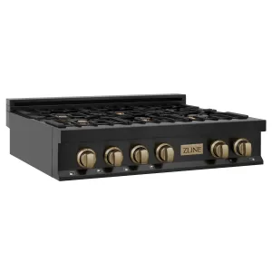 ZLINE Autograph Edition 36" Porcelain Rangetop with 6 Gas Burners in Black Stainless Steel with Champagne Bronze Accents (RTBZ-36-CB)